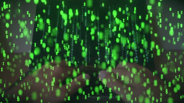 Green binary code projected over hands typing. Cybersecurity and data encryption activity