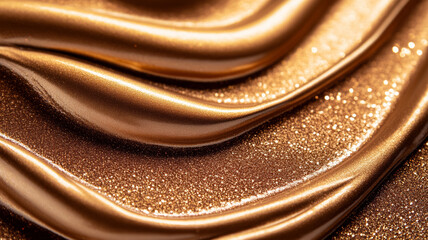 Glittering gold and amber highlighter cream with flecks of red and copper shining on a matte chocolate background 