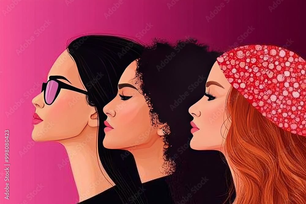 Poster three women standing in profile with vibrant headscarves and confident expressions symbolizing empow