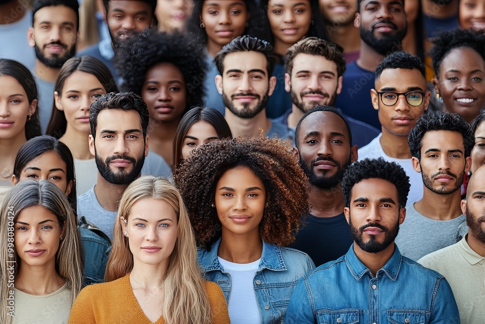 Poster close up portrait of a diverse group of people symbolizing inclusion unity and community in a vibran