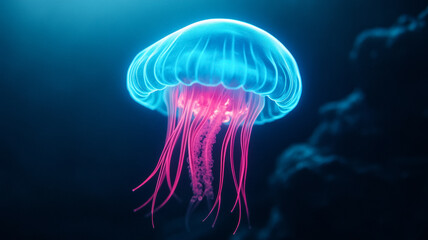 Fototapeta premium Glowing jellyfish like alien creature floating in a thick foggy atmosphere with luminescent tendrils 