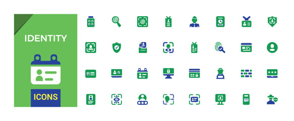 Identity solid color icon set. Colorful icons related to identification, DNA and authentication icons. Filled icon collection. Vector illustration.