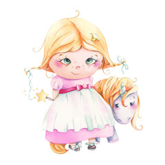 This adorable illustration features a girl next to a stunning and beautiful unicorn, perfect for a children's theme.