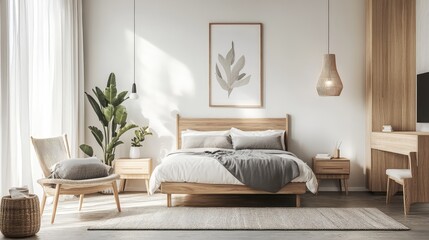 Fototapeta premium A modern Scandinavian-style bedroom, with sleek furniture, neutral tones, and natural wood accents, creating a clean and contemporary space