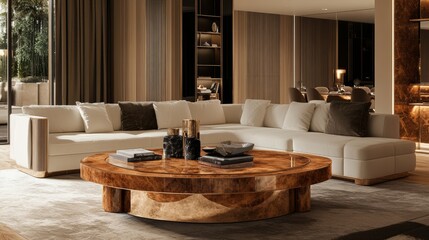 Contemporary coffee tables adorn a chic living space, showcasing luxurious details in a three-dimensional rendering.