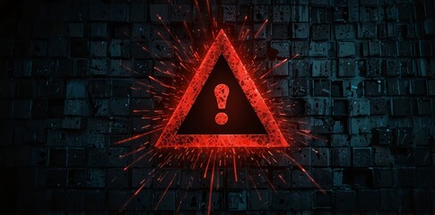 A red exclamation mark on a digital screen background An abstract concept of security and cyber attack is depicted with a red triangle frame icon of a broken or attacked computer network