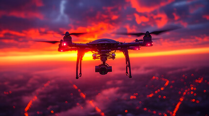 Drone Flying Against the Backdrop of a Sunset Capturing Aerial Footage
