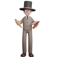 Male Legal Artist 3D Model. A male lawyer is seen standing wearing a magic hat and white single-sided glasses while his right hand is holding a pencil while his left hand is carrying a brown-covered 
