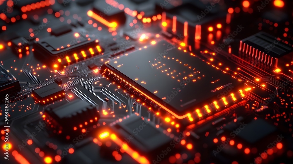 Poster futuristic digital circuit board with glowing technological patterns