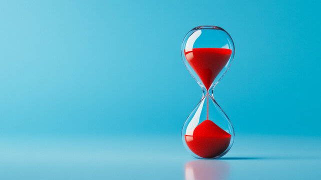 Hourglass with liquid mercury sand on a gradient from icy blue to flaming red representing change 