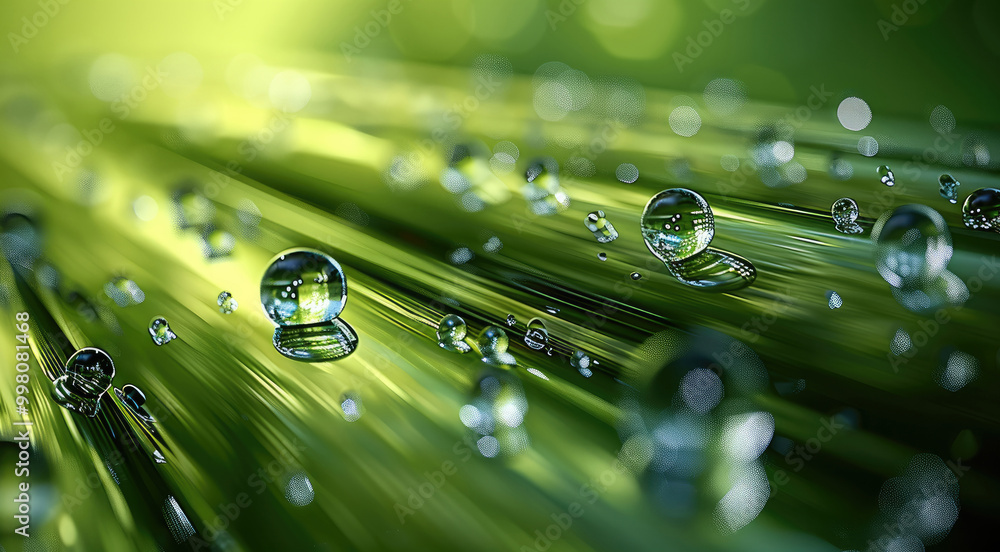 Poster 3d render of an abstract green background with a water pipe, bubbles, and drops on the glass surface