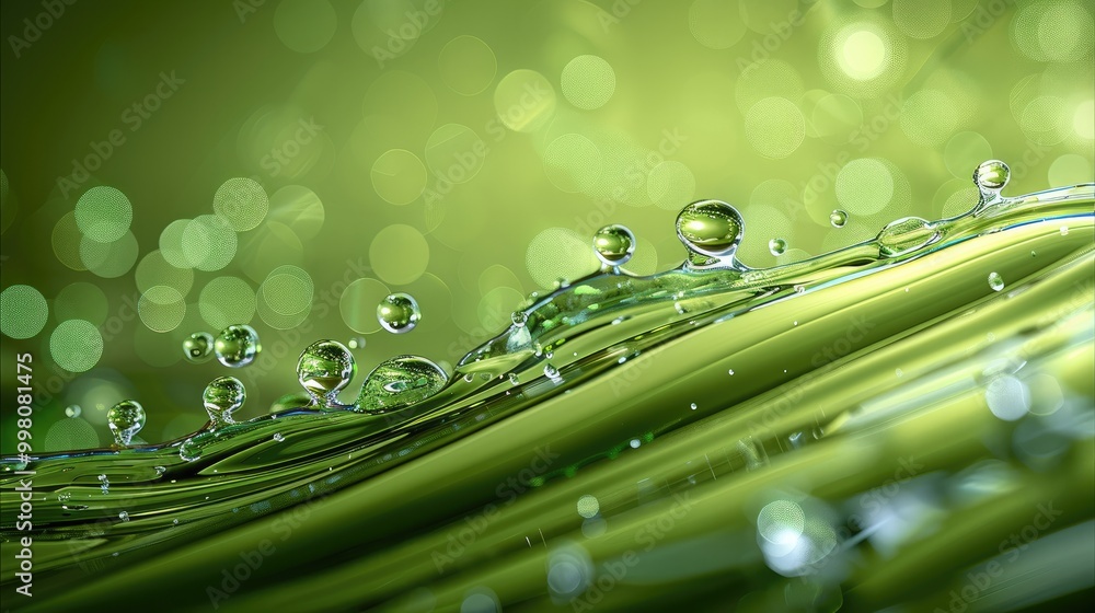 Poster 3d render of an abstract green background with a water pipe, bubbles, and drops on the glass surface