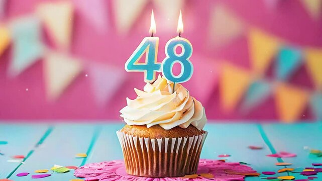 Birthday cupcake with burning lit candle with number 48. Number fourtyeight for fourtyeight years or fortyeighth anniversary.