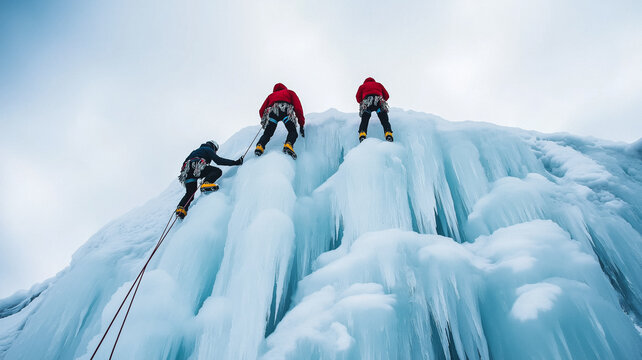 Ice climbing expedition on a frozen waterfall climbers in action sharp tools blue ice extreme winter tourism - Powered by Adobe