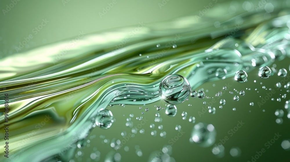 Poster 3d render of an abstract green background with a water pipe, bubbles, and drops on the glass surface