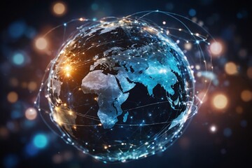 Abstract digital globe with global network connections and images of media content floating around it, representing the world's interconnectedness in modern communication technology