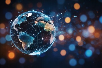 Obraz premium Abstract digital globe with global network connections and images of media content floating around it, representing the world's interconnectedness in modern communication technology