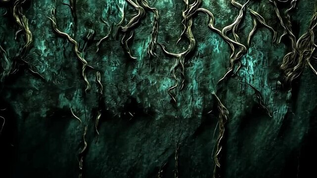 Darkness encroaching from creepy wall with hanging roots