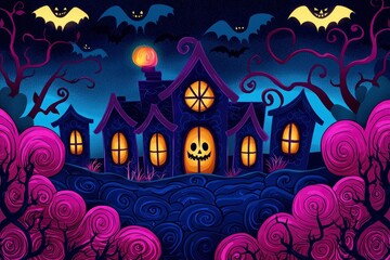 Haunted House with Spooky Bats and Trees