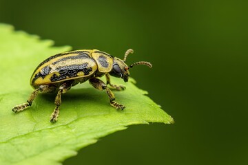 Naklejka premium Close up of a vibrant yellow and black bug resting on a green leaf in a natural setting during daylight hours