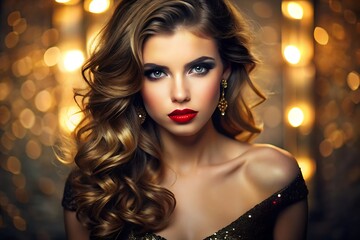 Fototapeta premium Glamorous Woman with Red Lips and Golden Lights