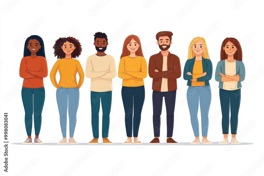Poster group of six diverse individuals standing side by side symbolizing teamwork unity and confidence in 