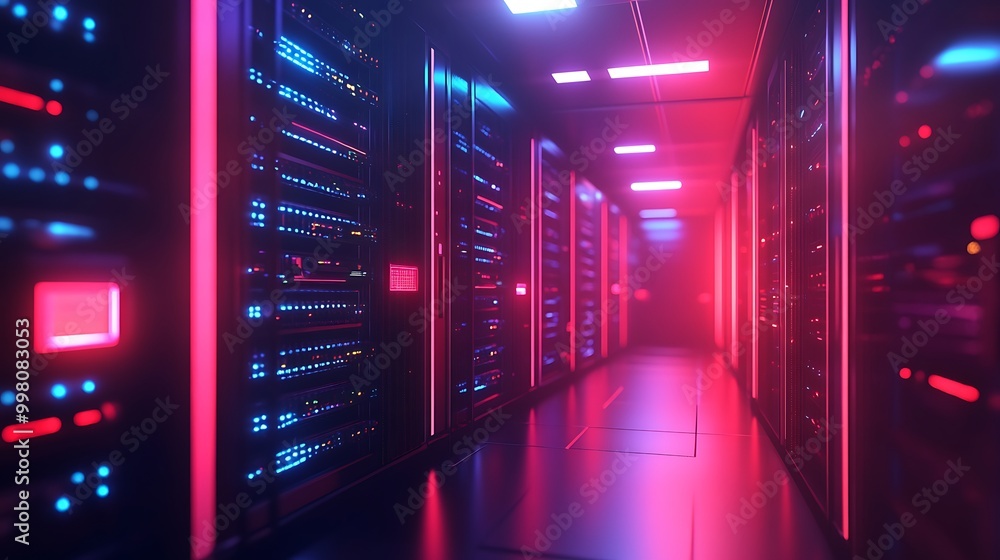 Poster neon lights reflect in a server room, casting the data center in an otherworldly glow of technologic