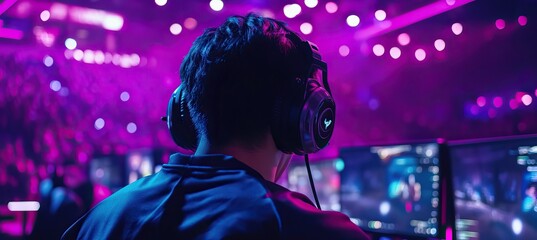 Esports competition with players and audience in a gaming arena. Video Game. AI generated image