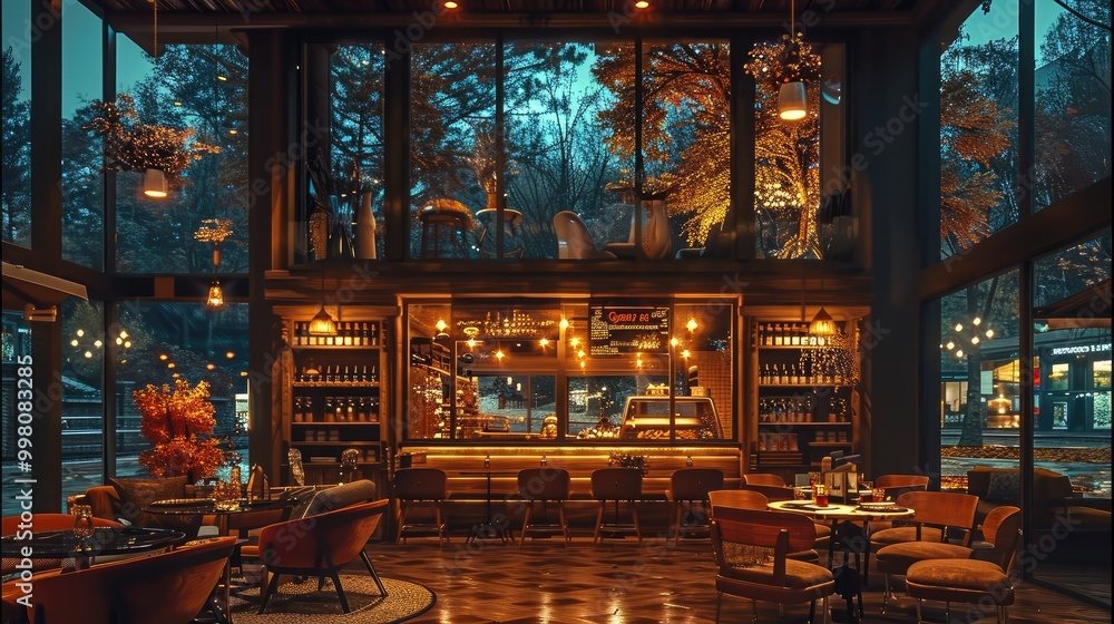Poster The cafe has a double high ceiling and a large, floor-to-ceiling window on one side of the log cabin. Outside the window is an autumn night street. Generative AI.