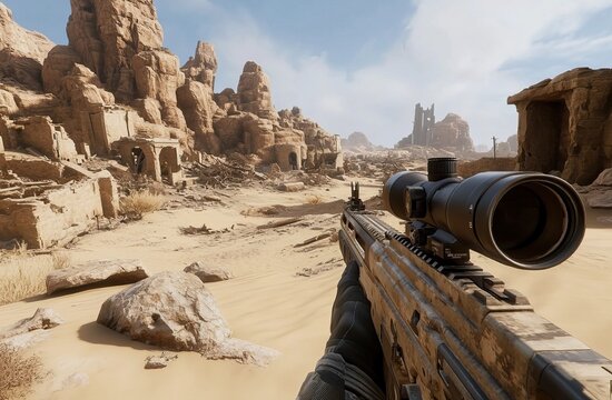 First-person shooter Video Game in a post-apocalyptic desert setting. AI generated image