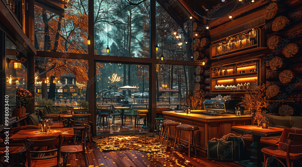 Poster The cafe has a double high ceiling and a large, floor-to-ceiling window on one side of the log cabin. Outside the window is an autumn night street. Generative AI.