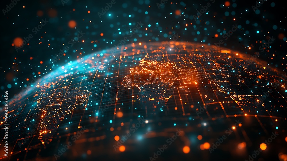 Poster a glowing earth, awash with data streams, connects the world in a web of lights and networks.