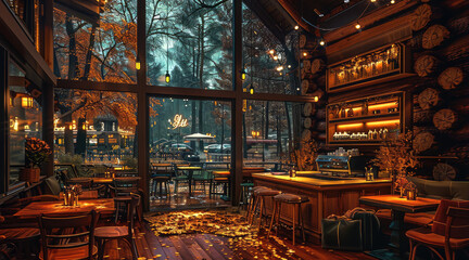 Obraz premium The cafe has a double high ceiling and a large, floor-to-ceiling window on one side of the log cabin. Outside the window is an autumn night street. Generative AI.