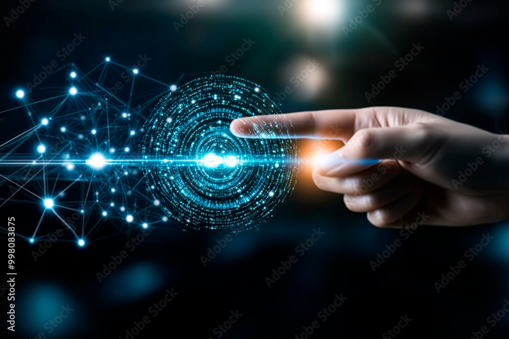 Wall mural hand interacting with digital network and data flow
