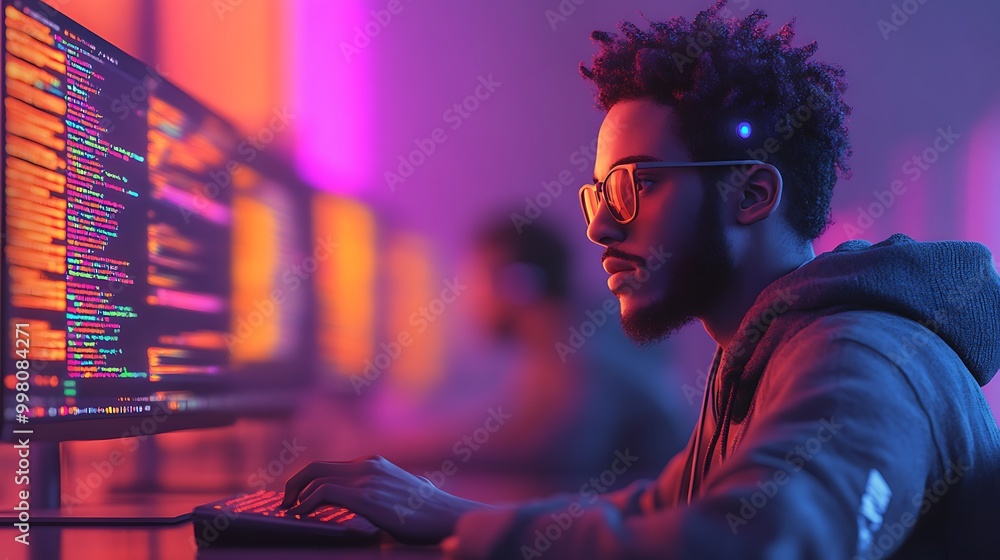 Aufkleber a programmer, bathed in neon light, hones in on his code, lost in the pulse of creativity and techno