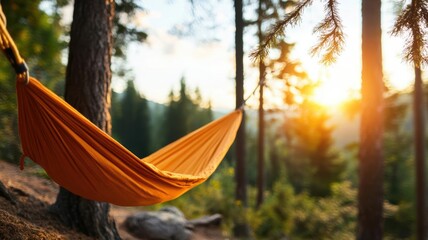 Hammock between tall pine trees, deep in the wilderness, with sunlight filtering through, capturing a peaceful retreat vibe