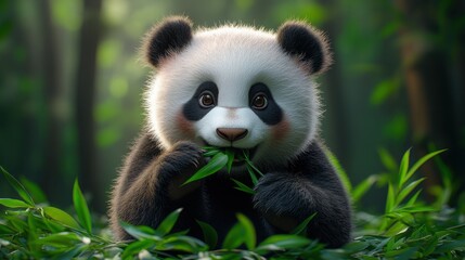 Playful 3D Style Panda Bear Sitting and Eating Bamboo in a Colorful Gradient Background