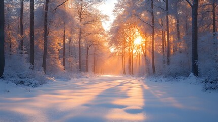 Enchanting Snowy Forest Landscape with Frosty Trees and Soft Sunlight