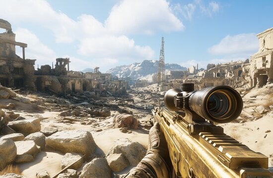 First-person shooter Video Game in a post-apocalyptic desert setting. AI generated image