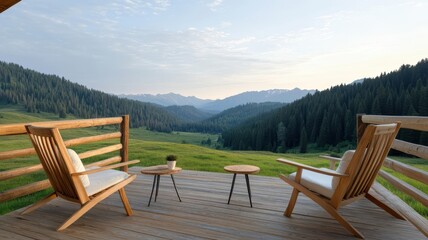 Wooden deck overlooking a wild, pine-filled valley, an ideal retreat space for reflection and solitude