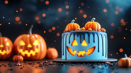 Halloween cake decorating contest in a bakery with glowing pumpkins