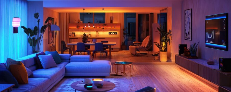 A living room with smart mood lighting that adjusts according to the time of day and activity, and a central system that integrates with personal health devices to promote wellness