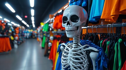 Halloween store displaying skeleton costumes and ghostly masks