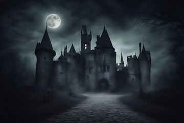 Naklejka premium Mysterious Castle Under a Full Moon - Eerie Nighttime Scene