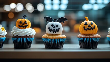 A bakery window filled with Halloweenthemed cupcakes and cookies