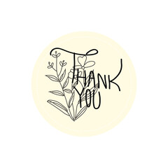 Thank you handwritten with floral line isolated on white background. Hand drawn lettering style calligraphy.
