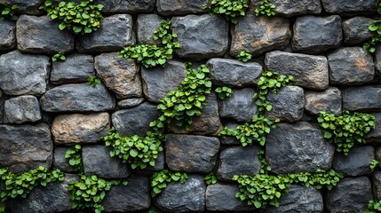 Weathered Stone Wall with Lush Moss and Ivy Overgrowth Natural Background