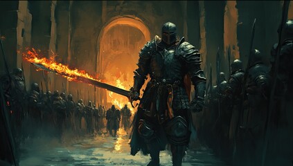 Fototapeta premium Armored warrior wielding a flaming sword in a dark fantasy setting Video Game. AI generated image