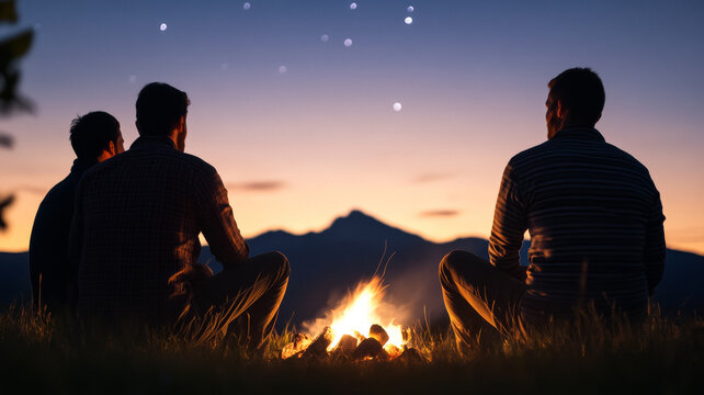 Men of different generations sitting around a campfire sharing stories bonding under a starlit sky 
