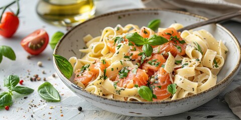 Freshly Cooked Pasta with Herb-Marinated Salmon in a Ceramic Bowl